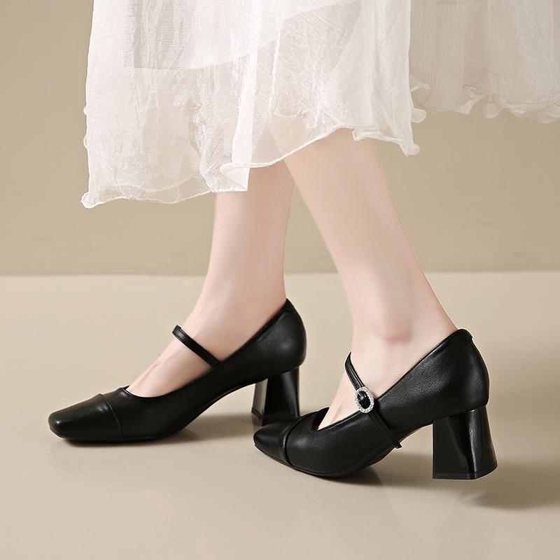 2025 Women's Office Ladies New Silver Black Square Toe One Strap Block Mid Heel Pumps Elegant Street Style High Heels Shoes