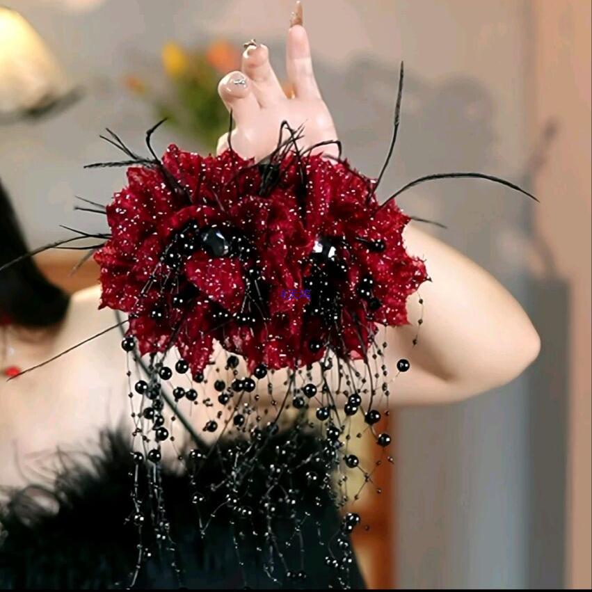 Large Bright Silk Flower & Feather Bead Tassel Hair Clip for Women's Updo