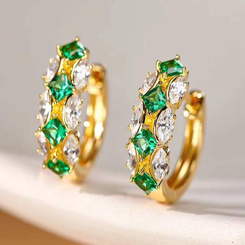 Huitan Hoop Earrings for Women Gold Color with Bright Green/White CZ Gold Color Elegant Party Wedding Trendy Accessories JewelryGood product