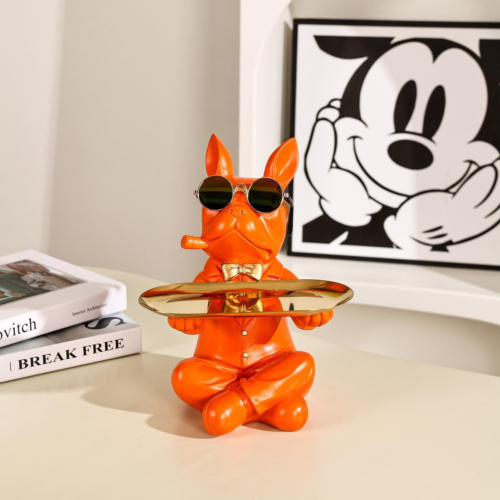 22.5cm Cool French Bulldog Statue with Tray Coin Bank Funky Dog Figurine Key Candy Storage Box Modern Entrance Desk Decor Gift