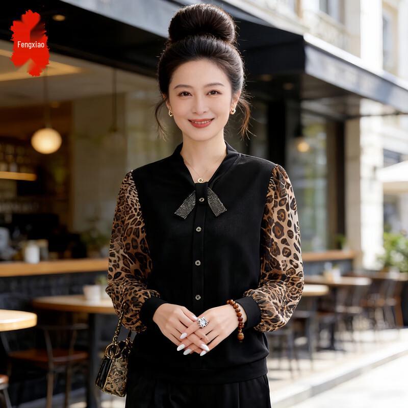 Women s Faux Two-Piece Leopard Print Patchwork Shirt XL