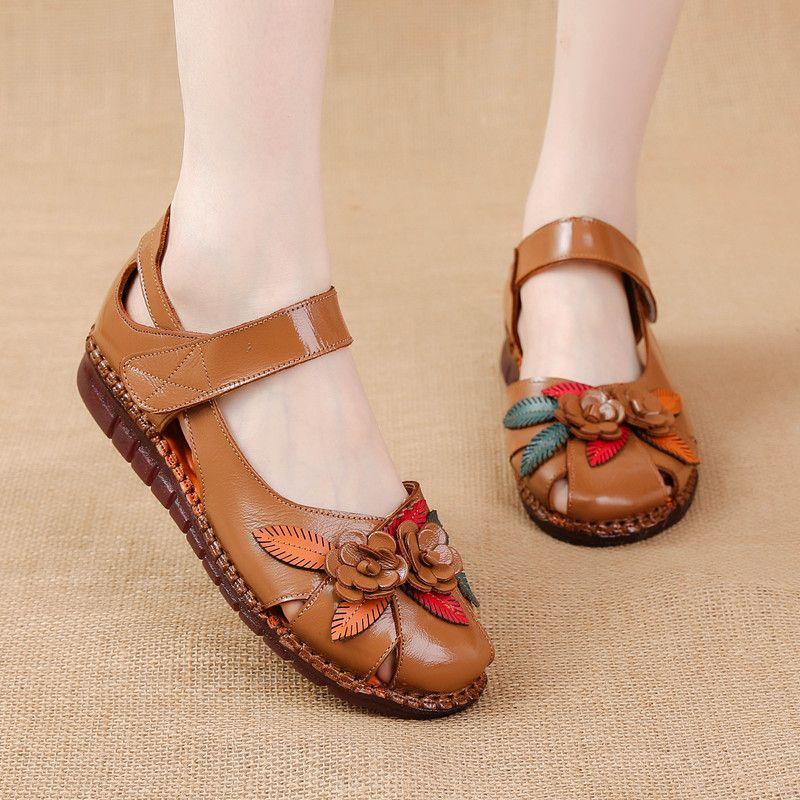Rozmiar 42, płaskie sandały z prawdziwej skóry, damskie, letnie, z wycięciami, damskie, ortopedyczne sandały w stylu retro z motywem kwiatowym
