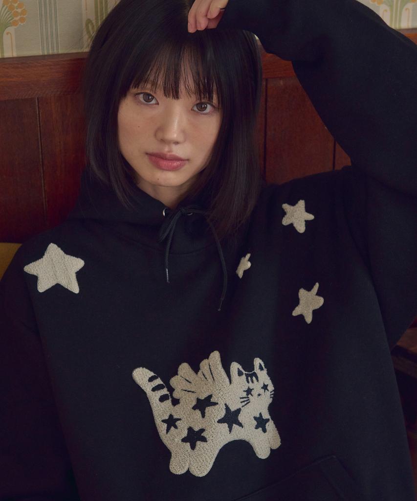 Angel Star Cat Boucle Embroidered Hoodie Ahp1216 (Black)