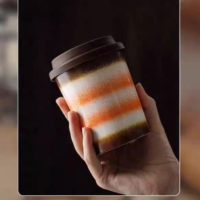 Cana de cafea ceramică portabilă pentru cuplu, 290/350ml, Cană de cafea făcută la cuptor ceramic, Cană de cafea Latte cu capac de silicon, Cană pentru ceai cu lapte