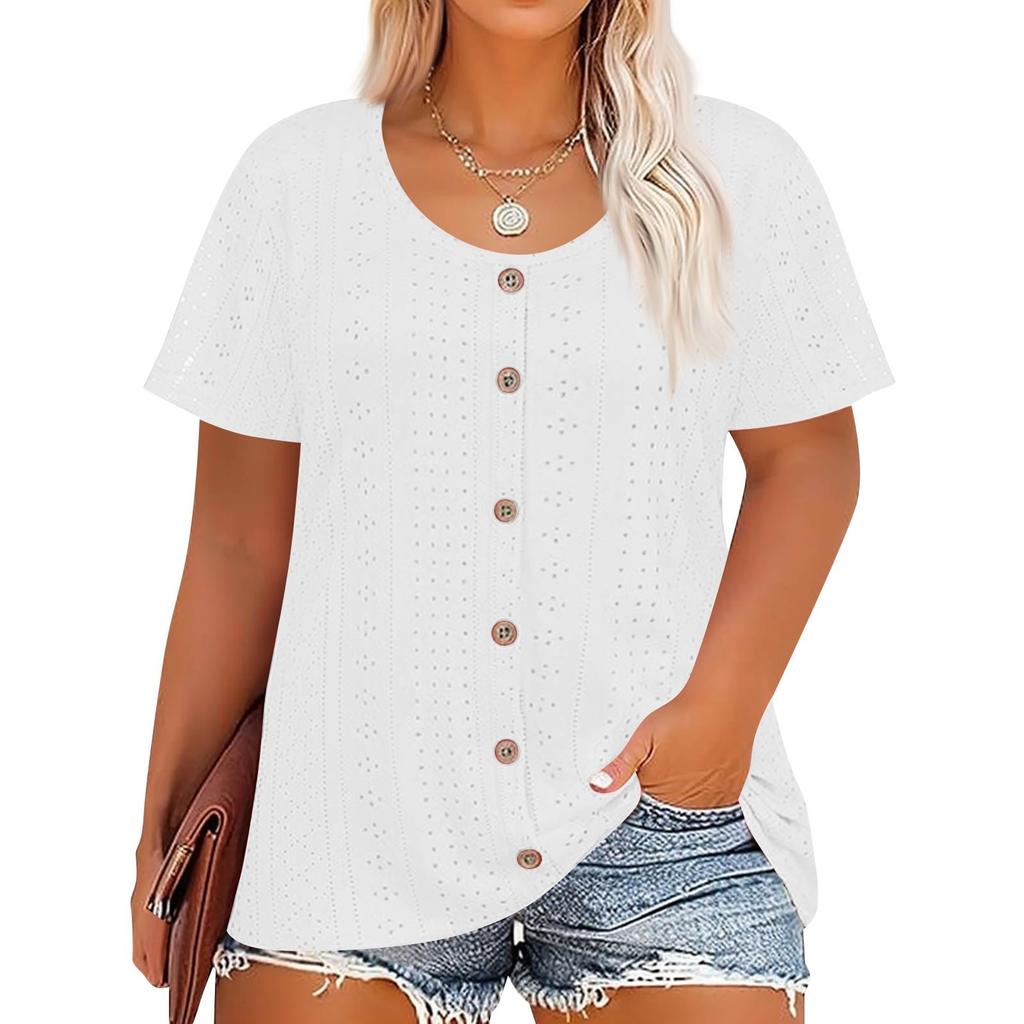 Plus Size Women's Fashion Casual Vintage Soild O-Neck Short Sleeve Button T-Shirt Top