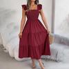 Autumn Winter Women Elegant High Waist Pleated Dress Short Sleeve Solid Color Lace Up Fashion
