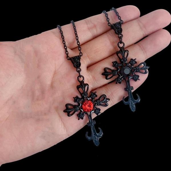 Gothic Black Vampire Cross Pendant Necklace Red Zircon Punk Jewelry Fashion Charm Manifesto Women's Wedding Party Gift