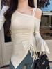 Women's French One-Shoulder Camisole with Flare Sleeve, Off-Shoulder Drawstring Design for Early Autumn