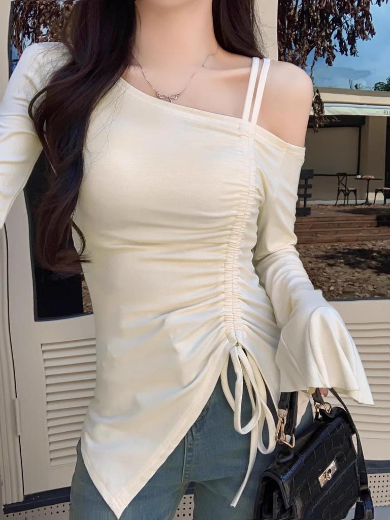 Women's French One-Shoulder Camisole with Flare Sleeve, Off-Shoulder Drawstring Design for Early Autumn
