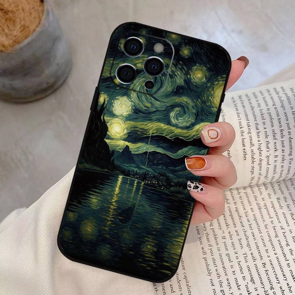 Van Gogh Starry Sky Phone Case For iPhone 17,16,15,14,13,12,11 Plus,Pro Max,XS,Soft Silicone Black Cover