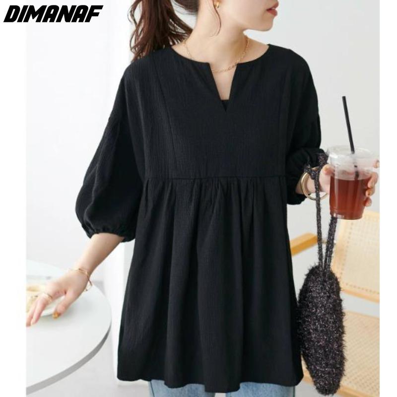 

DIMANAF 2024, женская новая летняя однотонная блузка больших размеров, винтажная рубашка с короткими рукавами, свободные черные, белые повседневные топы, футболки L чёрный
