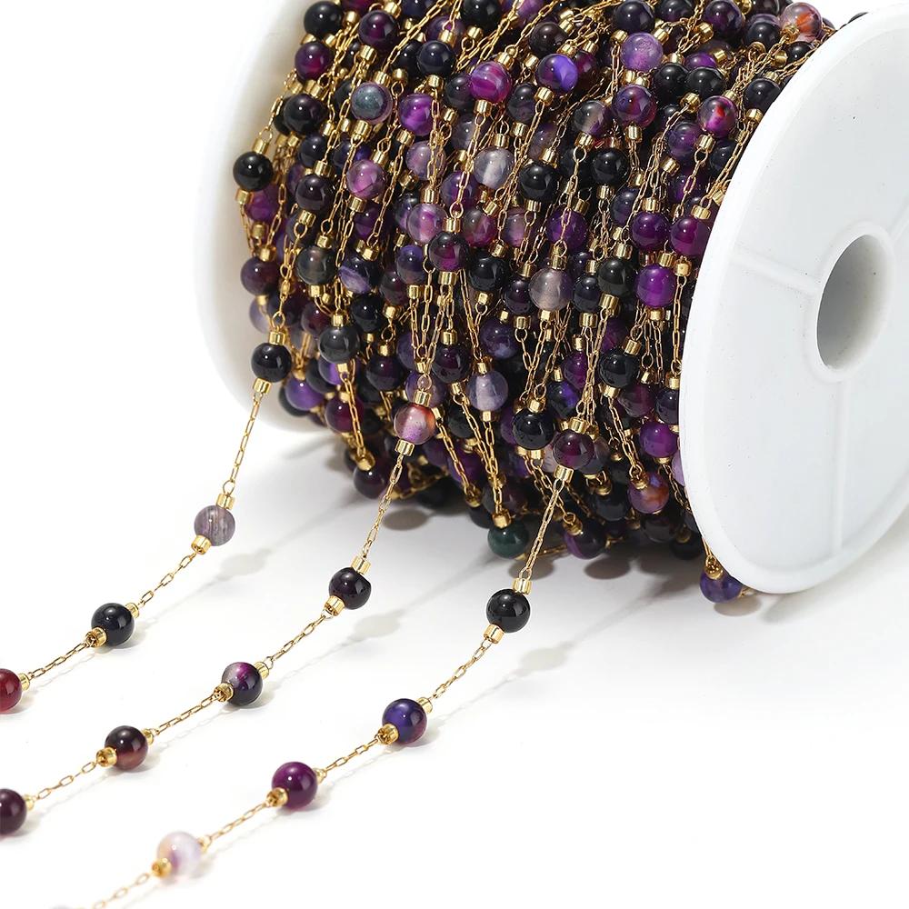 1meter Natural Stone Turquoise Amethyst Quartz Gemstone Beads Stainless Steel Wire Chains DIY Necklace Making Bracelet Findings