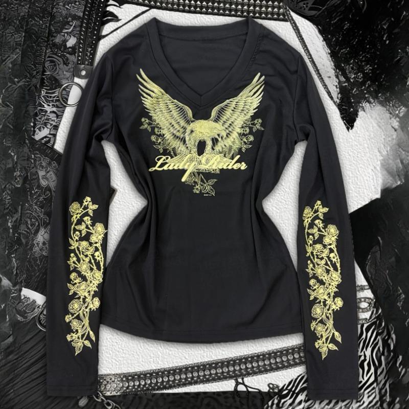 European and American Spring Dark Style Slim Fit V-neck Printed Temperament Long Sleeved Top Women's Clothing