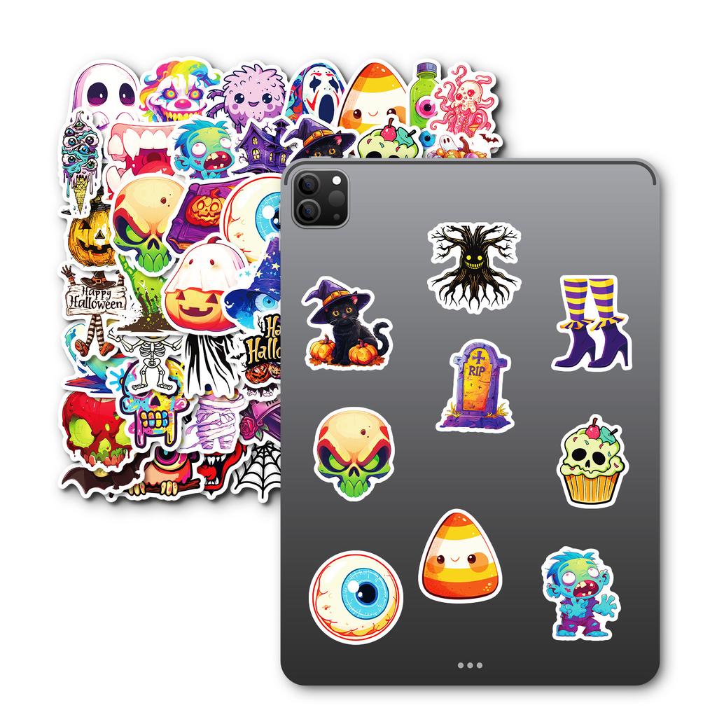 50Pcs Halloween Stickers - Graveyard Pumpkin Ghost Vinyl Decals for Phone DIY Party (4.6x5.2cm)