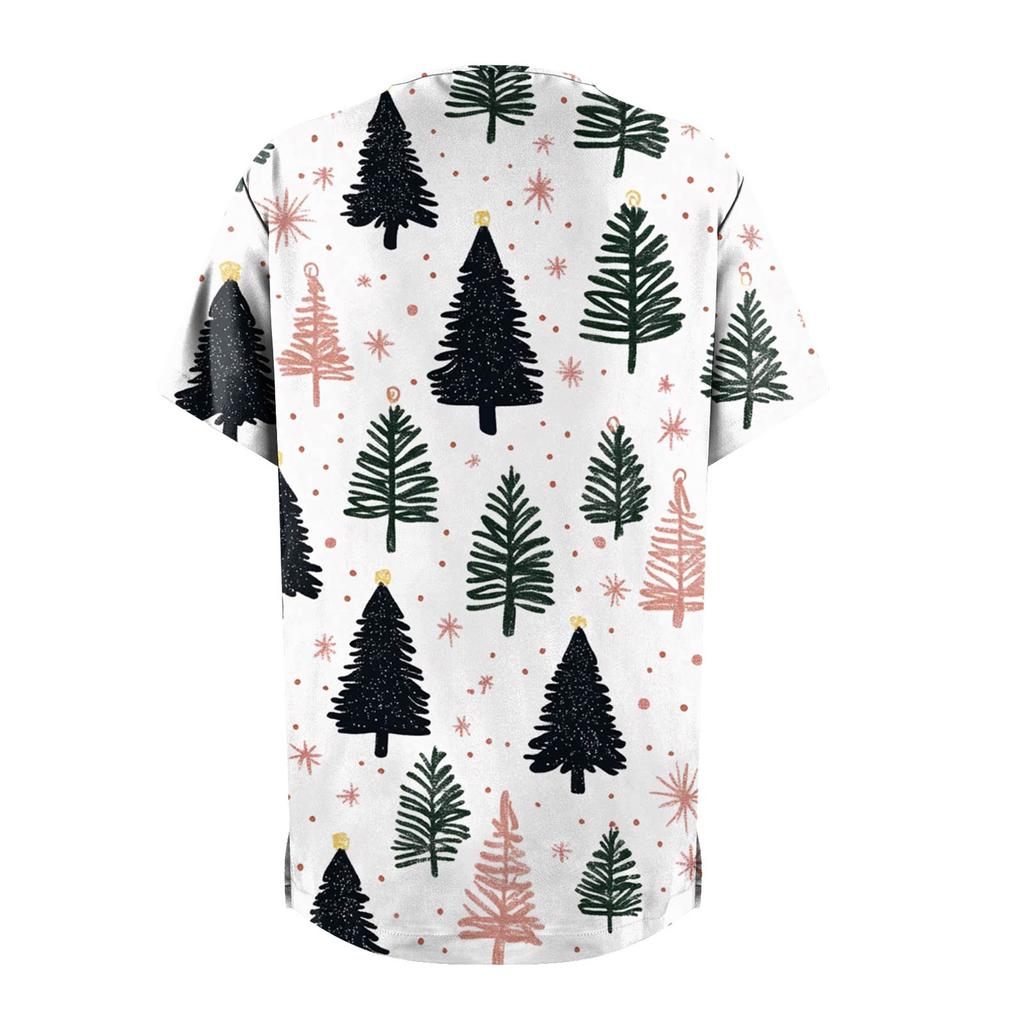 Women's Fashion Printed Short Sleeve V Neck Pattern Tops Pocket Working T-shirts