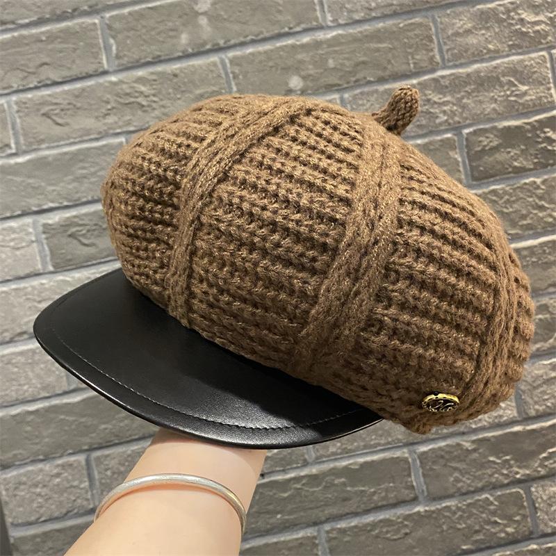 Simple big head circumference knitted beret women's spring and autumn British retro face small octagonal hat PU newsboy hat