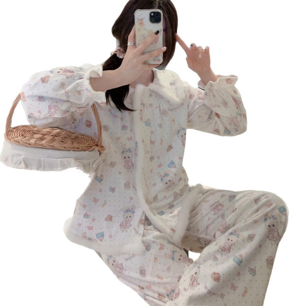 Autumn and winter velvet pajamas women's island velvet cute suit doll collar girl style cartoon student furry loungewear