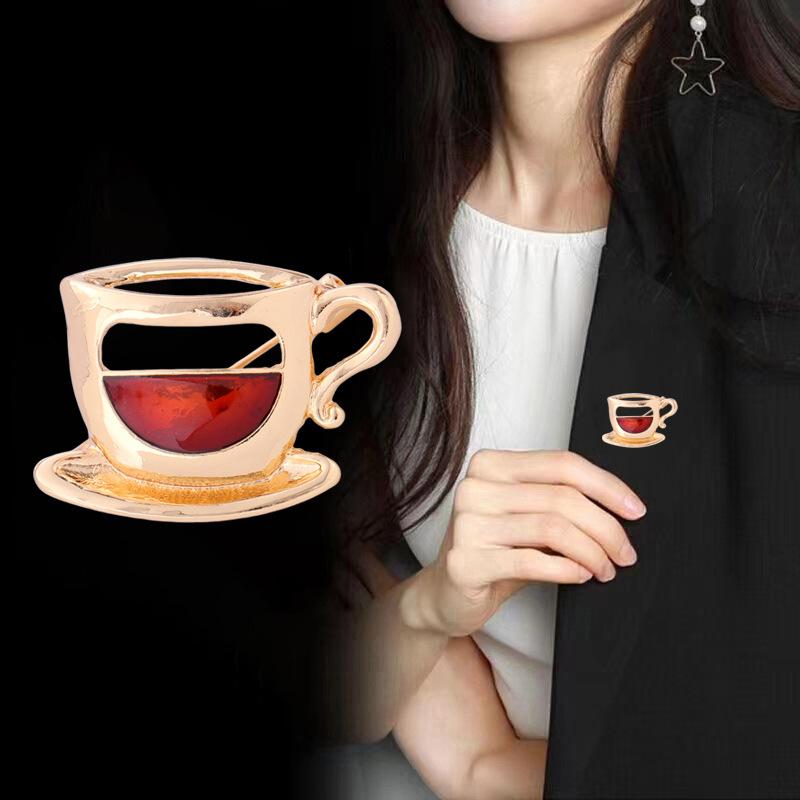 Enamel Coffee Cup Brooches For Women Unisex Silver Gold Color Metal Cups Party Casual Brooch Pins Gifts