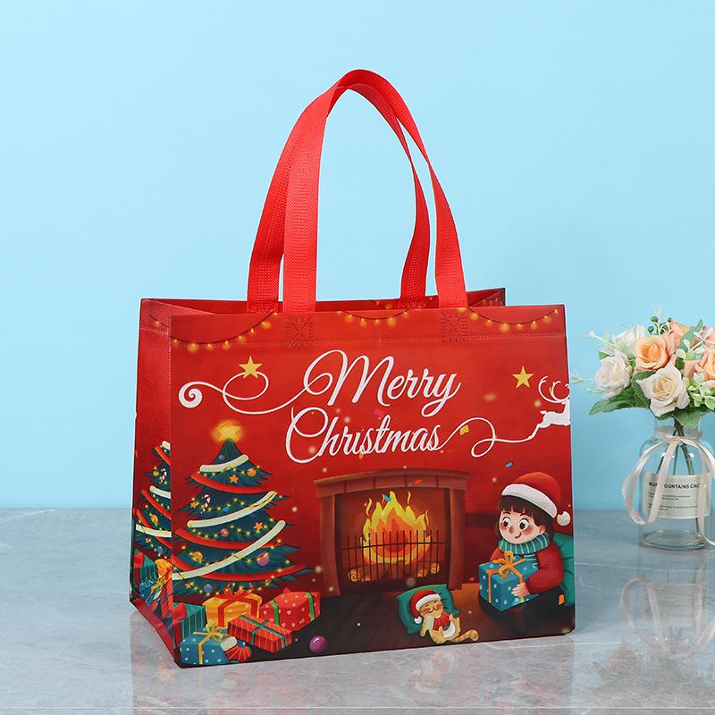 Julegavepose Julenissen Snowman Design Stor kapasitet Dobbel håndtak Non-woven Stoff Godteri Gaveemballasjepose