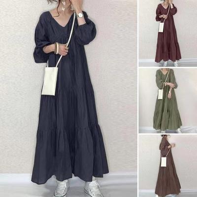 Vintage Ruffle Dress Women's Spring Sundress Casual Puff Sleeve Maxi Vestidos Female V Neck Robe Elegant Long Dresses