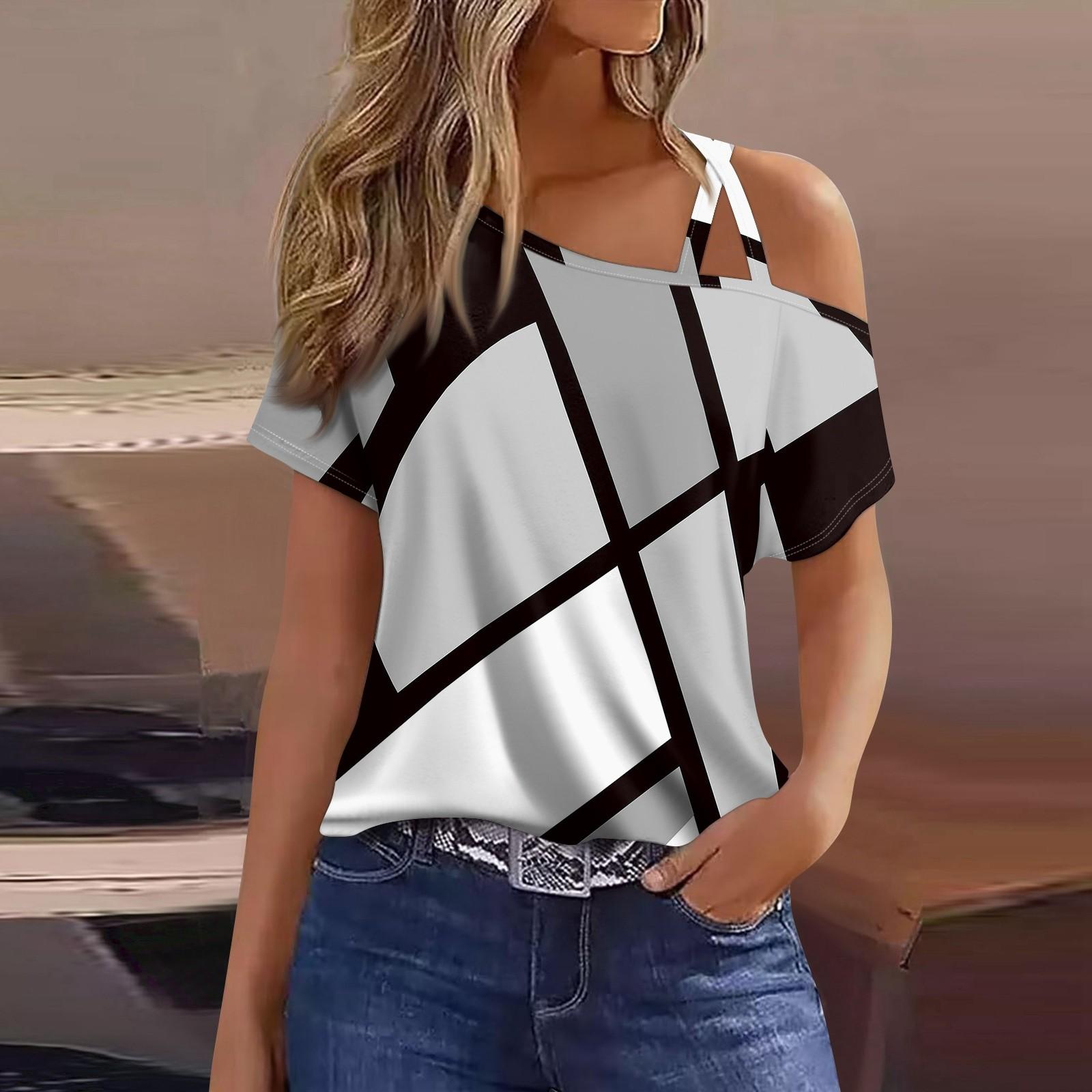 

Женская модная повседневная футболка с принтом, сексуальная футболка с короткими рукавами и открытыми плечами, топ XXL светло-серый