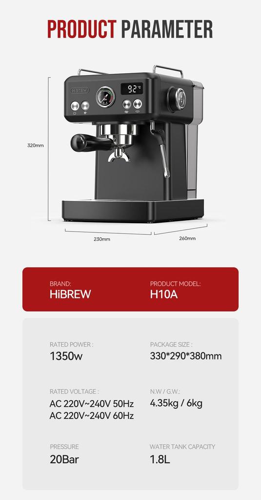 HiBREW H10A Semi Automatic Espresso Coffee Machine, 19Bar, Cold/Hot Coffee Maker
