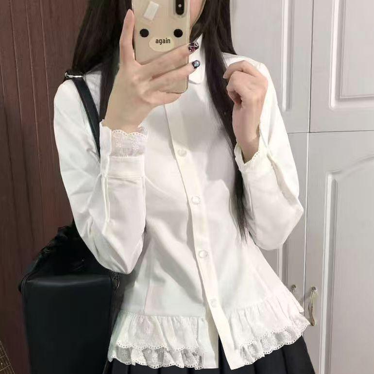 Women's Spring Lace Trim Suit: Long Sleeve Slimming Shirt & Pleated Skirt Set