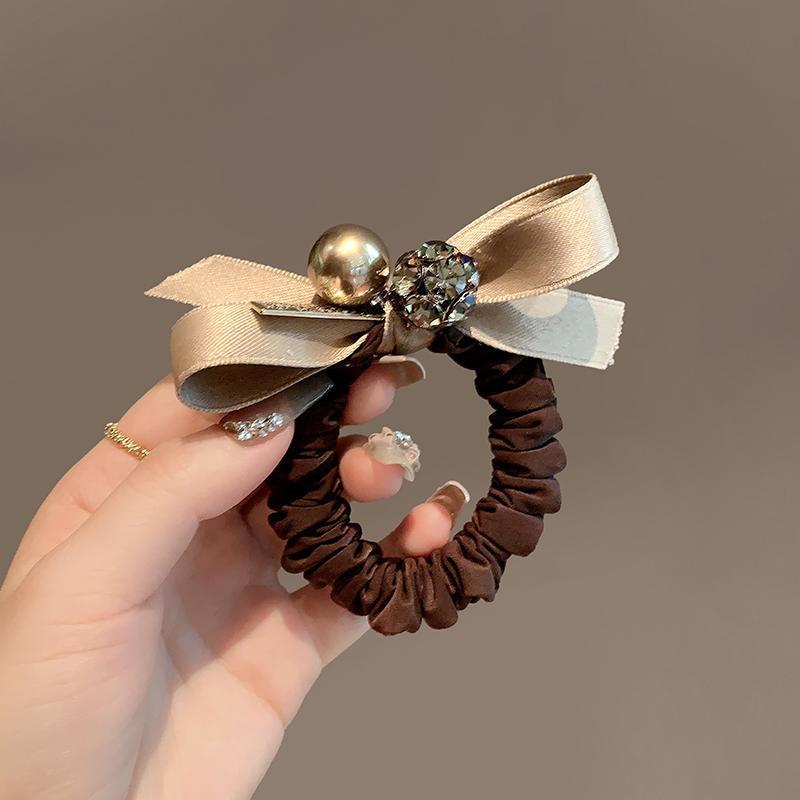 Light Luxury Hair Tie Retro Pearl Leather Band Bow High-end Large Intestine Hair Band Autumn and Winter Hair Tie Leather Cover