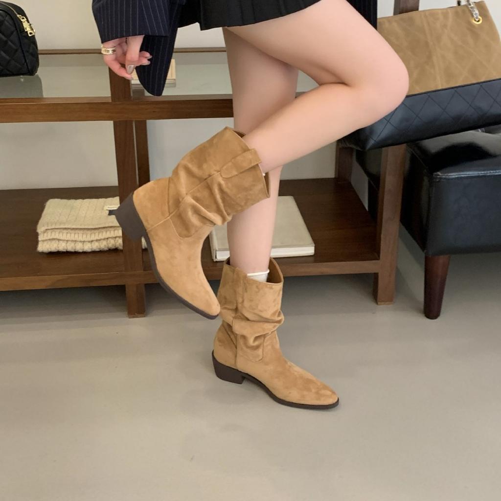 French retro suede stacking boots western cowboy boots women's 2025 autumn and winter new thick heel medium boots versatile short boots