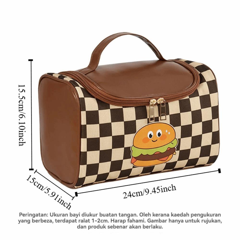 PU Leather Checkerboard Makeup Bag Hamburger Hamburger Travel Wash Bag  Outdoor