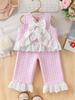 Summer Countryside Style Infant Baby Girls Clothing Set Sleeveless Top with Plaid Long Pants Retro Lace Butterfly Two Piece Outfit