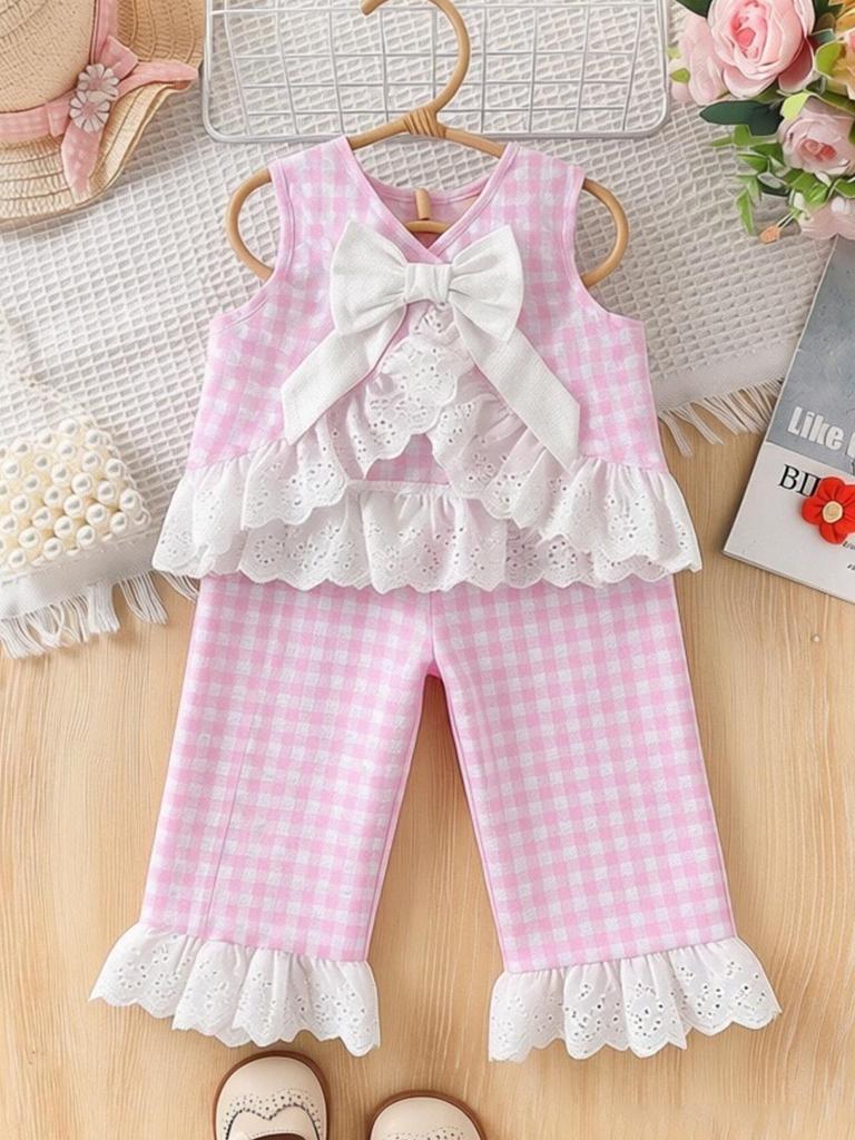 Summer Countryside Style Infant Baby Girls Clothing Set Sleeveless Top with Plaid Long Pants Retro Lace Butterfly Two Piece Outfit