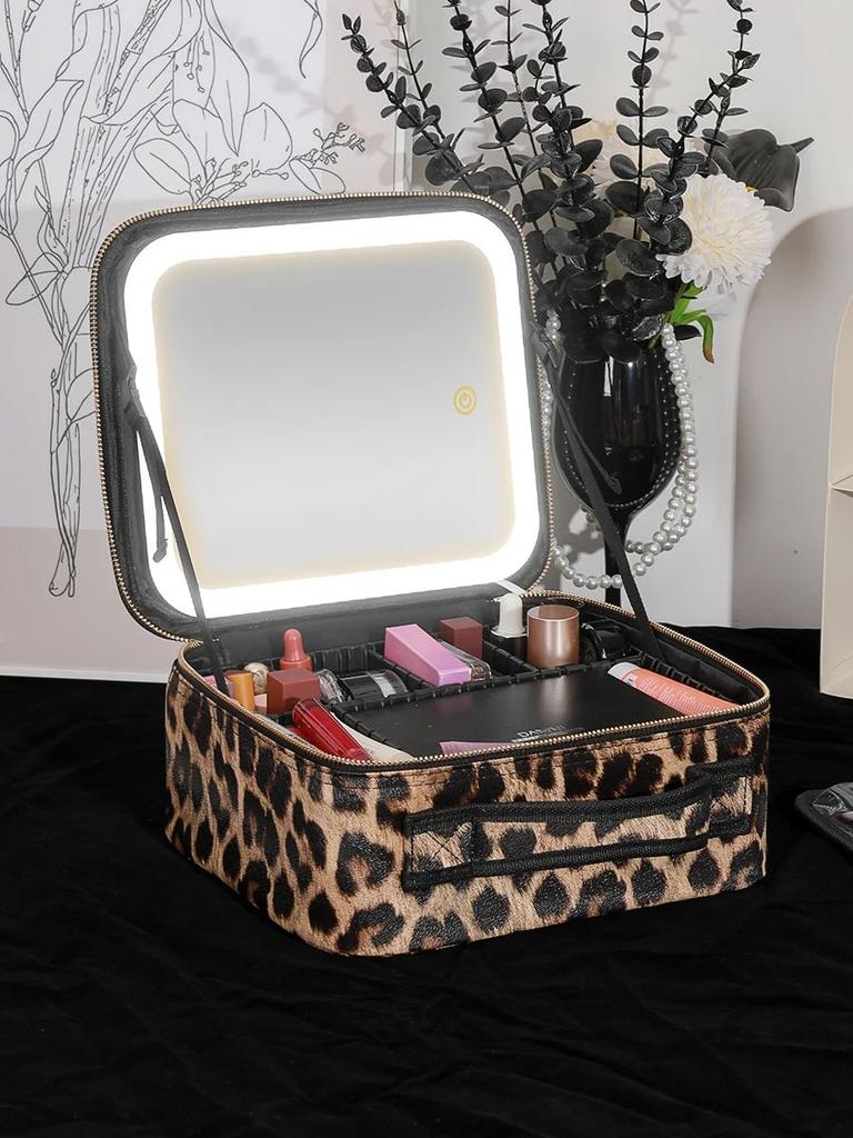 Make-up-Tasche mit Spiegel und Lichtern 3 Farben Dimmbare LED Make-up-Etui, Kosmetik-Organizer Zubehör Make-up-Koffer LEOPARD