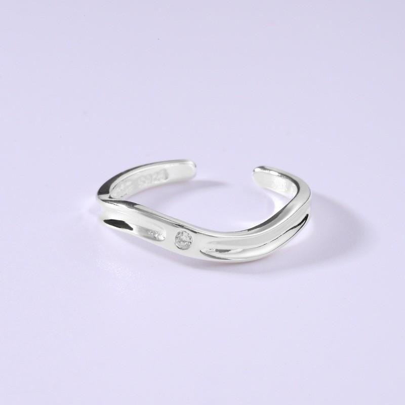 Adjustable Open Ring Women With Irregular Wave Design Mini Zirconia Inlay Sterling Minimalist Fashion Jewelry