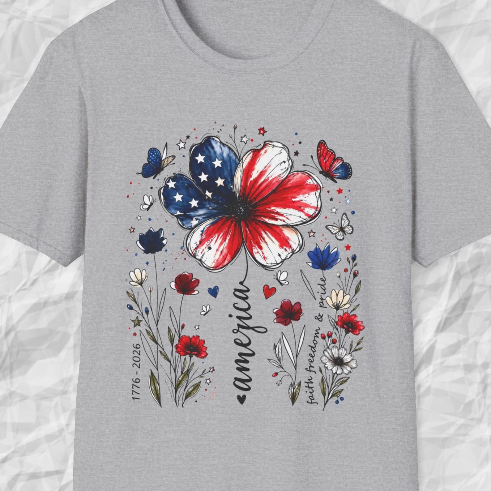 America Butterfly Shirt, Patriotic Floral Tee, Red White Blue Floral T shirt, Fourth of July Butterfly Tee, USA Wildflower Shirt L