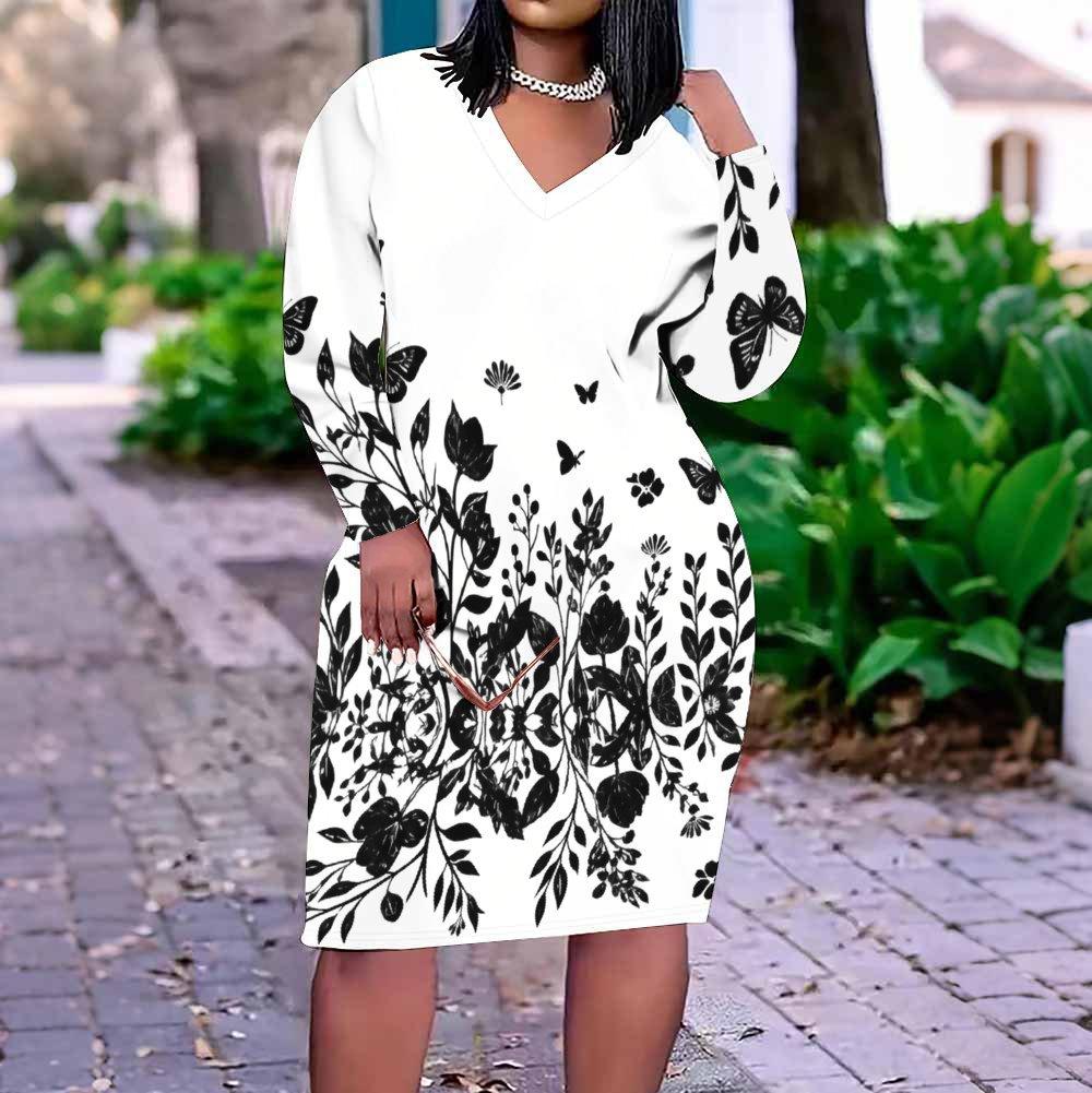 Women Plus Size V Neck Long Sleeve Floral Printed Red Pink Fitted Dress