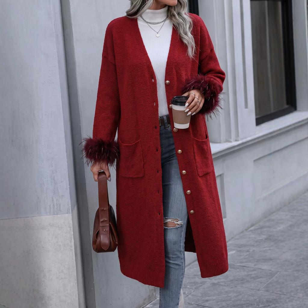 YYFS Women's Fashion Casual Fall Winter Solid Color Print Long Sleeve V-Neck Sweaters