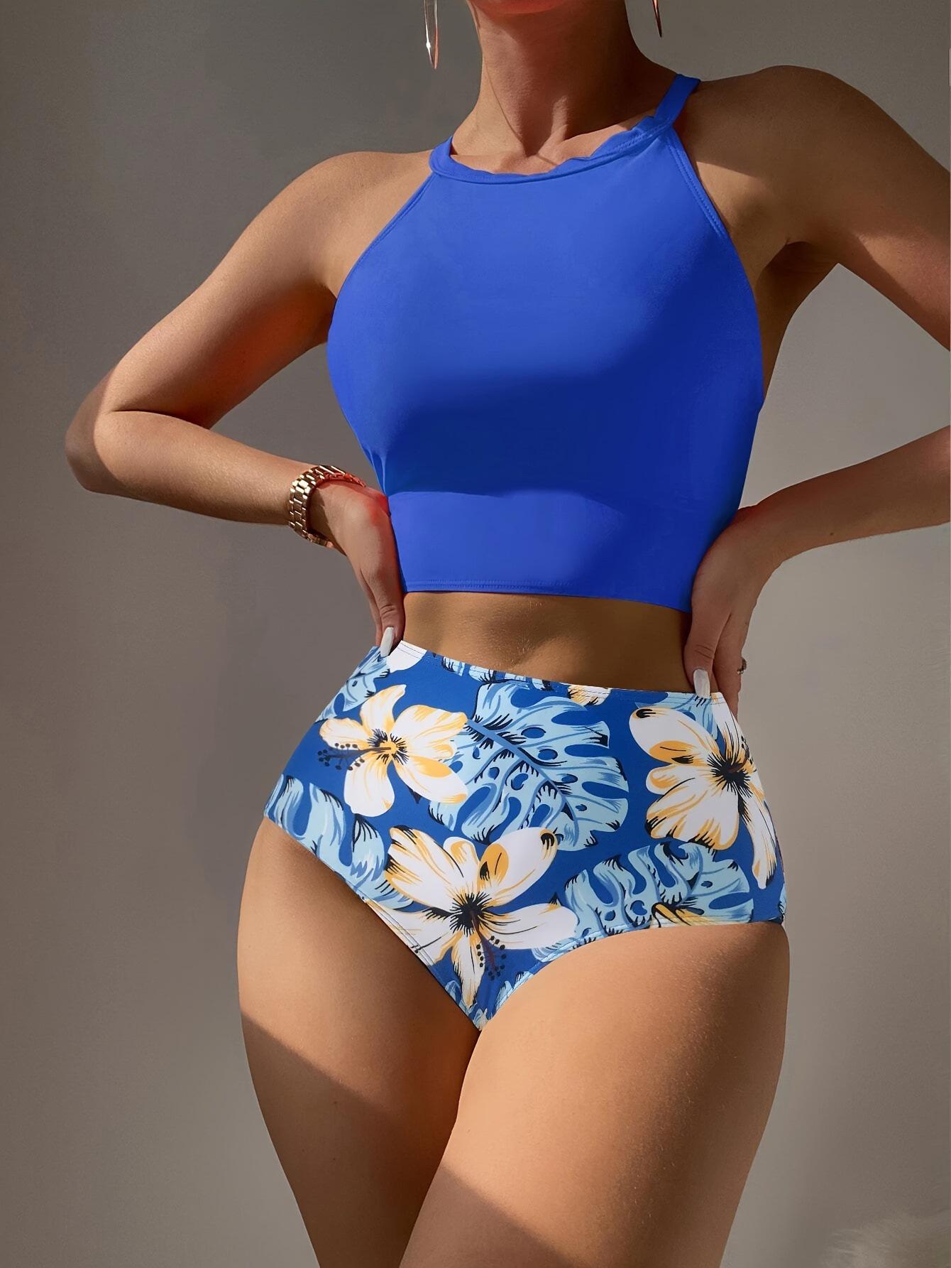 

Бикини с цветочным принтом 2025: Европейский и американский стиль, однотонный, плавки-треугольники, сексуальный купальник для женщин Extra Large синий