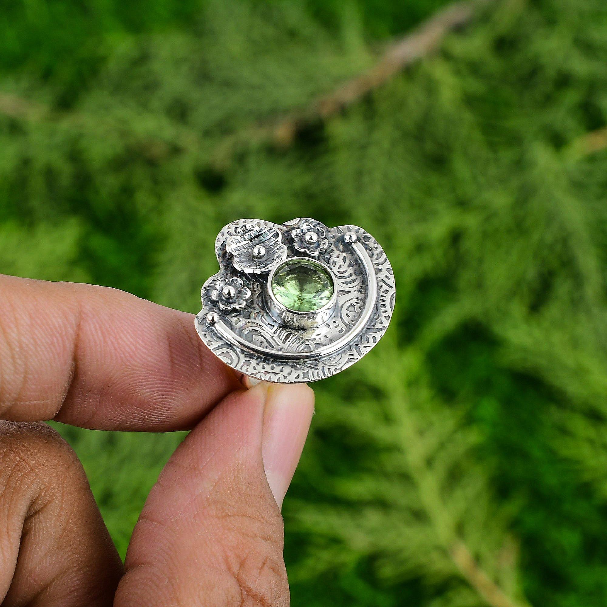 

Gift For Her 925 Silver Natural Green Amethyst Stackable Flower Adjustable Ring Adjustable