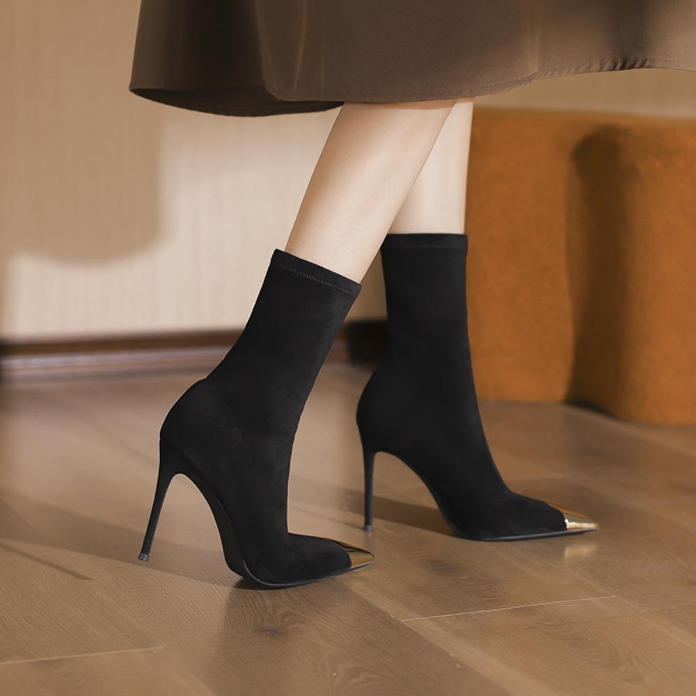 2026 Autumn and Winter Black Short Boots Women's Thin Heels Pointed High Heels Metal Head Elastic Thin Boots One Pedal Mid-Calf