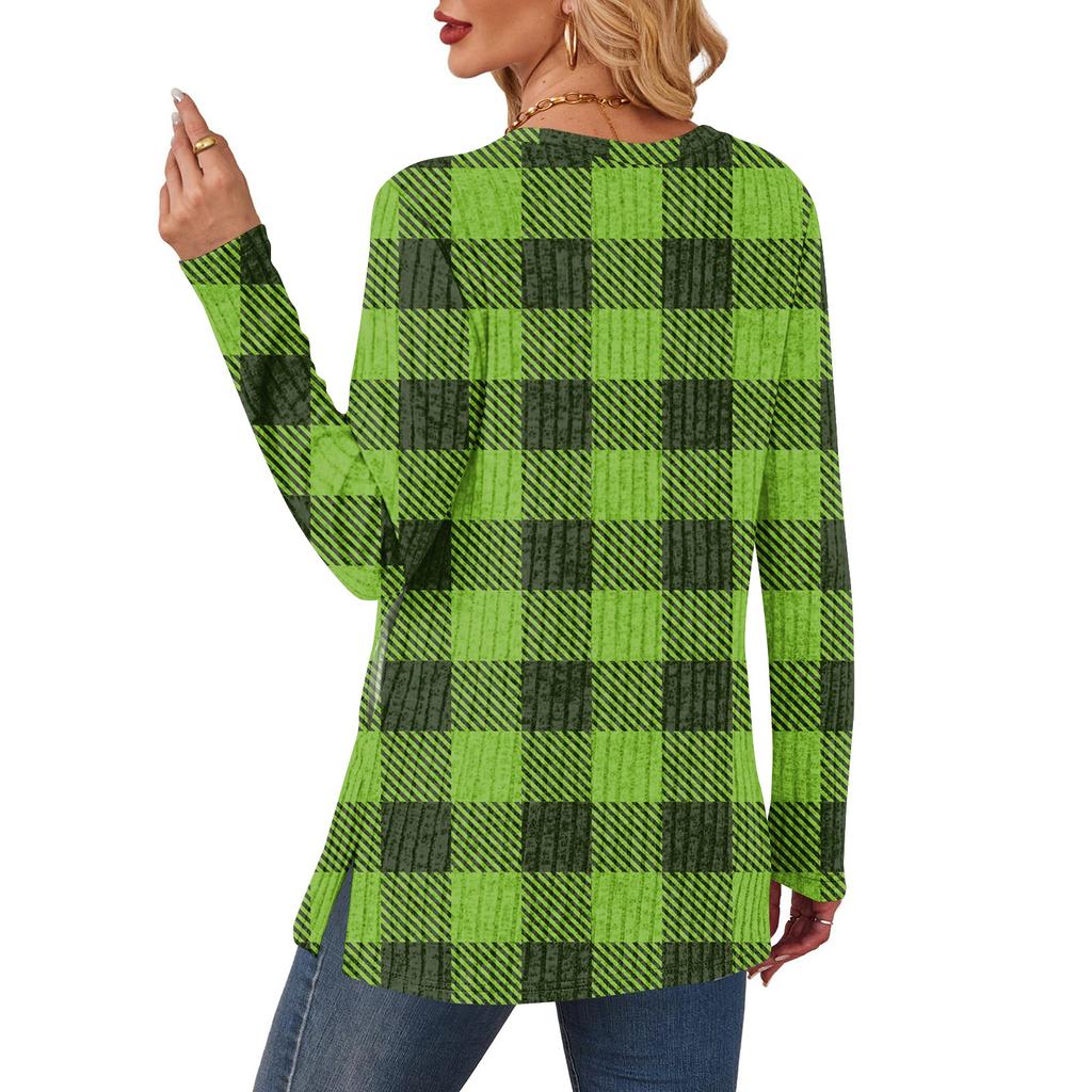 Women's Checkered Printed Round-neck Long-sleeved Top With Pockets And Side Slits