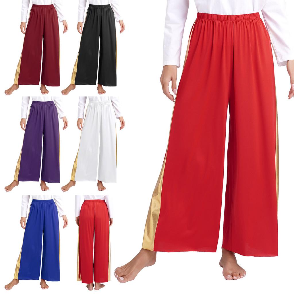 Womens Liturgical Dance Pants Metallic Patchwork Design High Waist Elastic Waist Wide Leg Performance Trousers