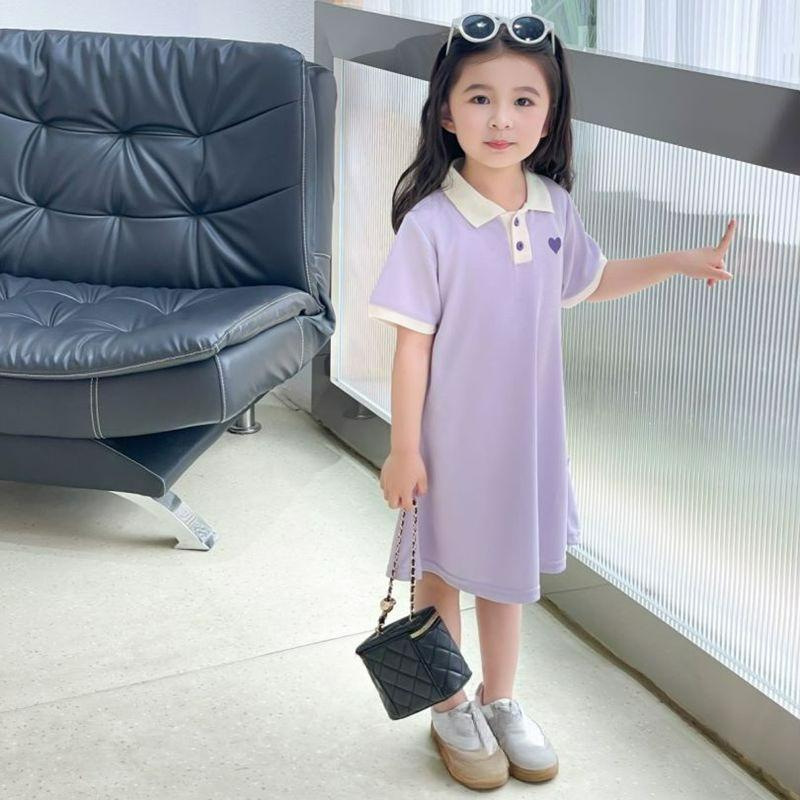 Girls Lapel Dress Summer Girls Solid Color POLO Skirt A-line Skirt Short-sleeved Comfortable Home Service