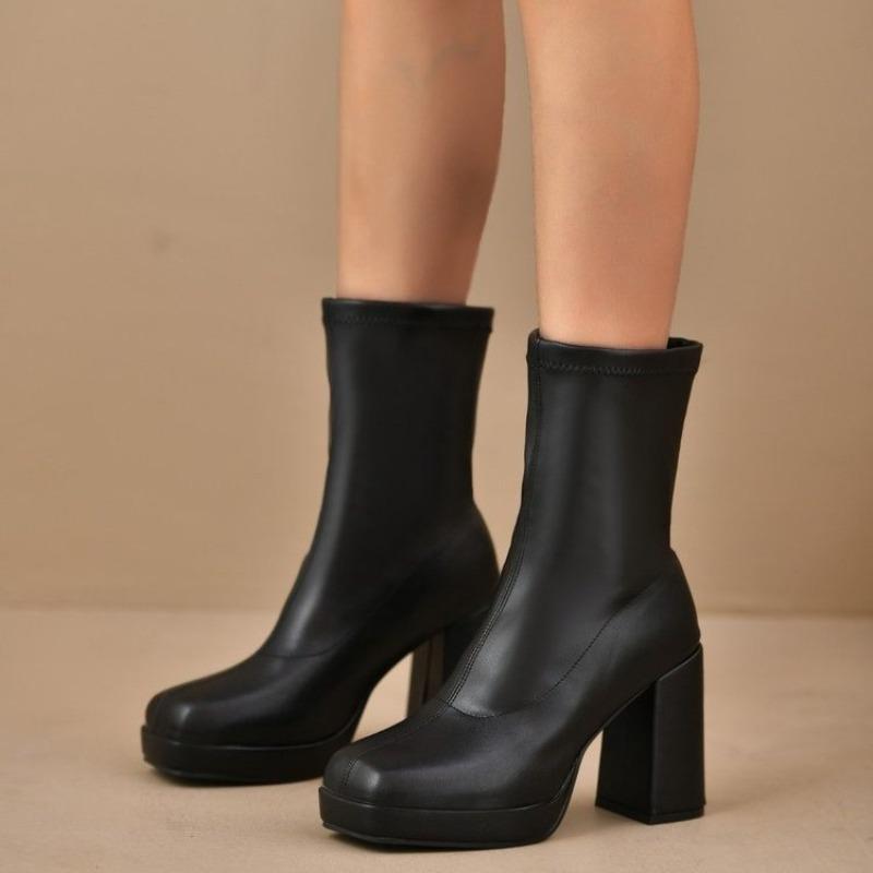 Fashion Women's Fashion Boots Autumn Winter High Heel Slip-on Round Toe Thick Heel Low Tube Leather Boots Comfortable Polyurethane Shoes