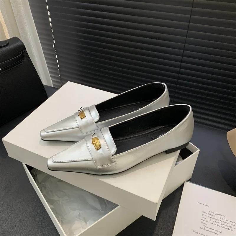 2024 Spring Autumn New Fashionable Flat Bottom Single Shoes Small Square Head Metal Low Heel Women's Shoes