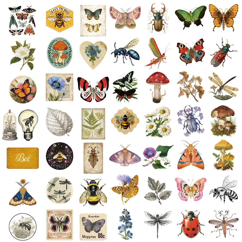 50PCS Retro Entomology Stickers Notebook Landscape Living Room Coffee PVC Creative Decoration Chambre With Cafe Room Decals