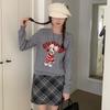 Women's Wool Round Neck Sweater with Cartoon Bunny Embroidery - Cute Style for Autumn/Winter