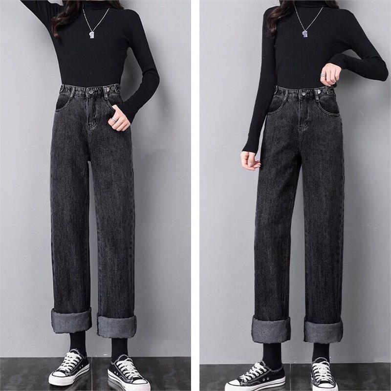 Fleece thickened high-waisted wide-leg jeans for women, winter new loose and thin straight floor-mopping pants
