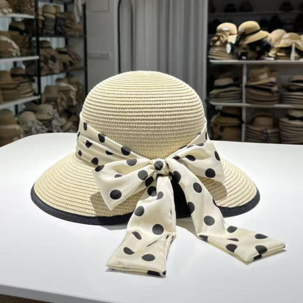 Fairy wind polka dot bow straw hat female summer outing straw weaving sunscreen visor sweet beach fisherman basin hat