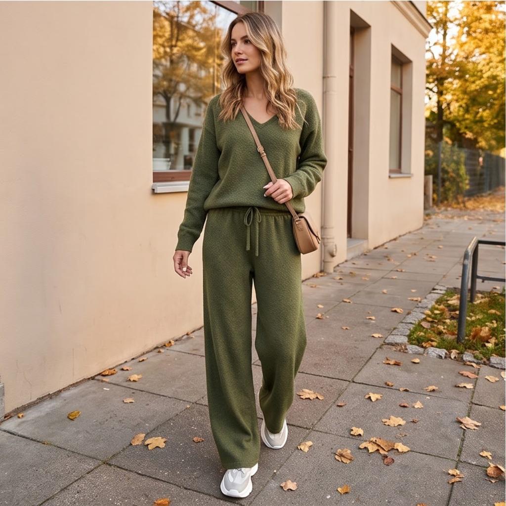 Women's Off-Shoulder Long Sleeve Cutout Knit Two-Piece Set Color Casual Outfit